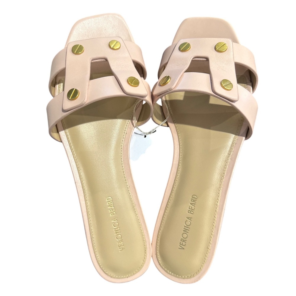 Veronica Beard Pink Leather H-Strap Studded Slide‎ Sandals Square Toe 7.5M - Picture 6 of 6